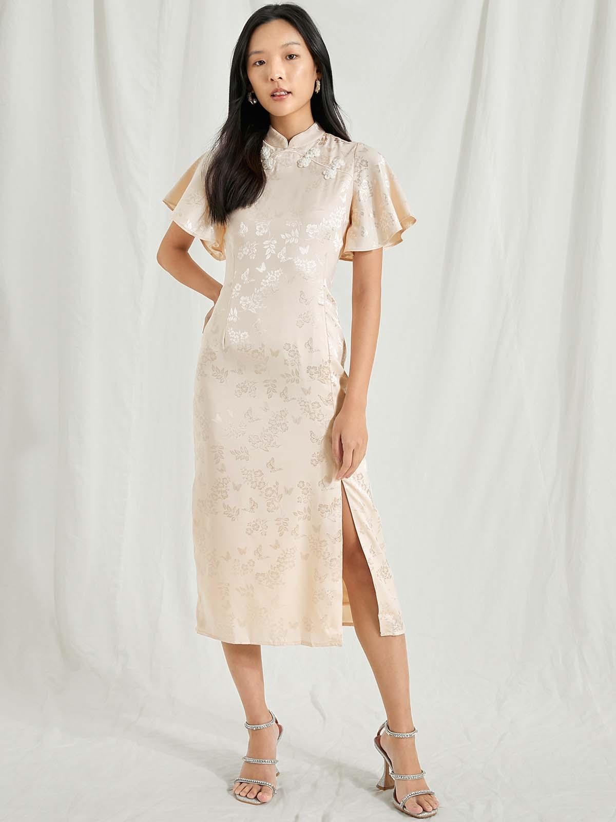 Butterfly Sleeve Mandarin Collar Midi Dress - Cream