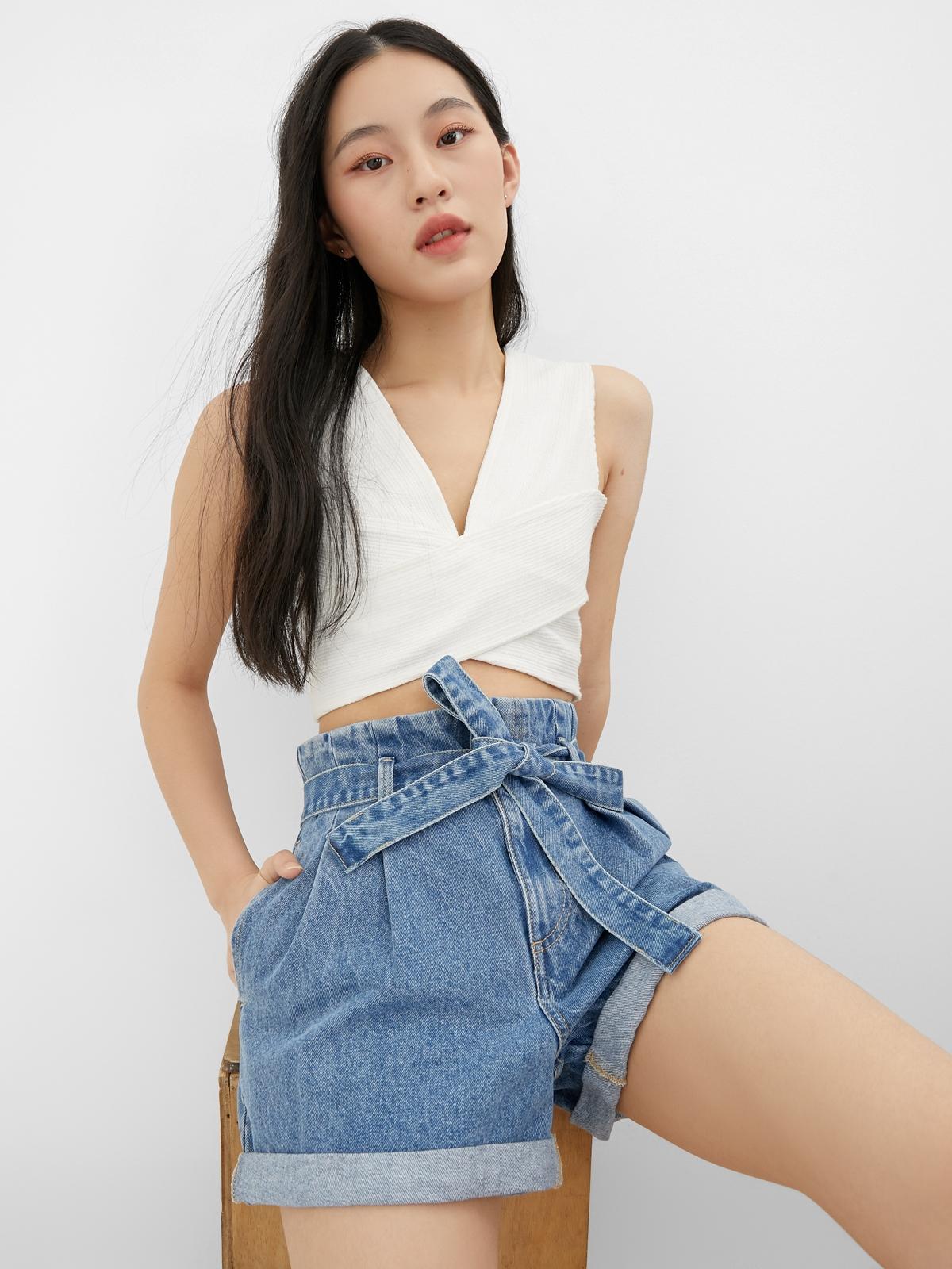 Paperbag Waist Denim Shorts - Light Blue