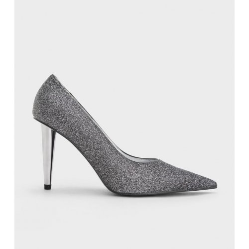 Glittered Cone-Heel Pointed-Toe Pumps - Black Textured