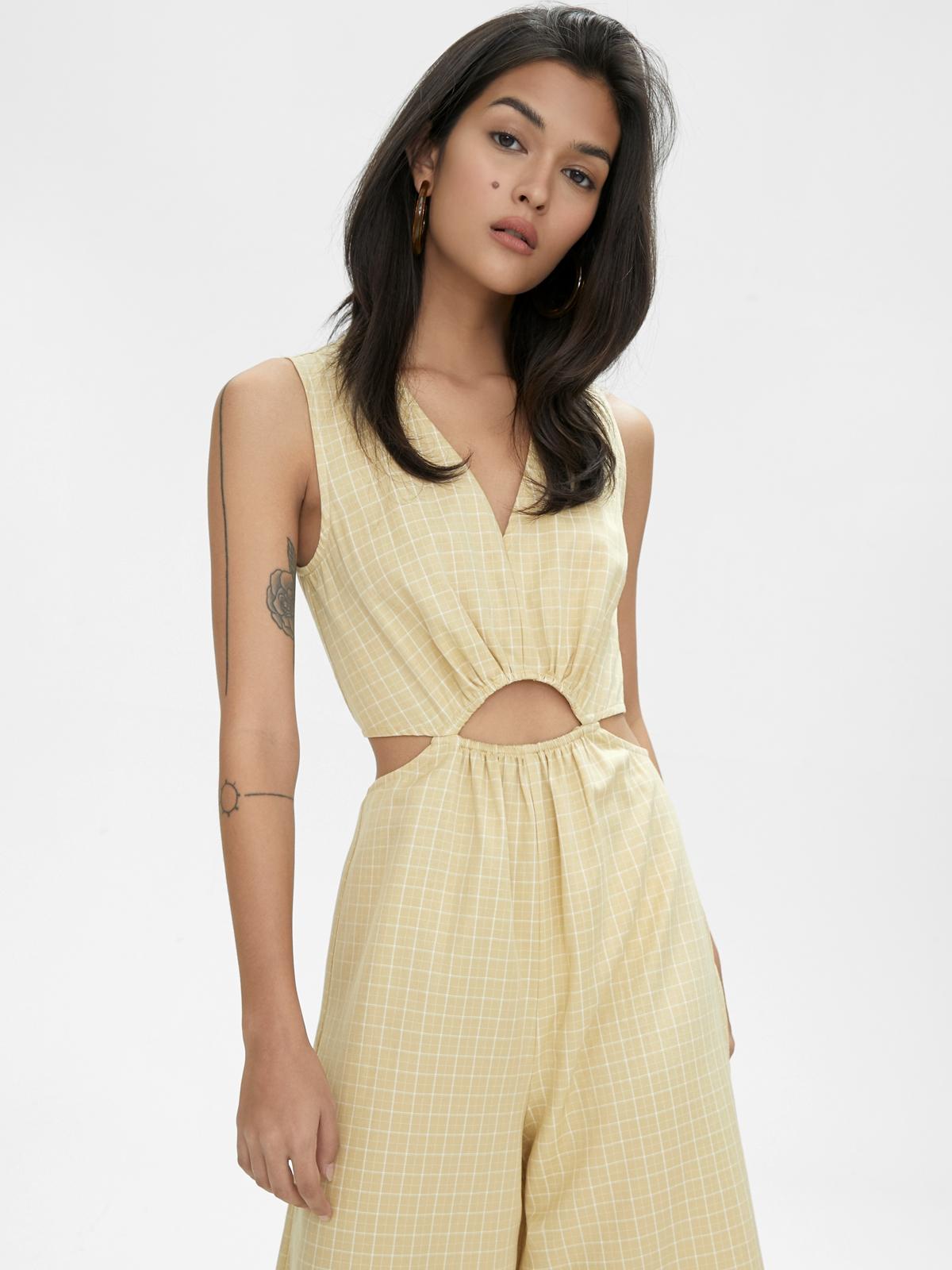 Cut Out Plaid Print Jumpsuit - Beige