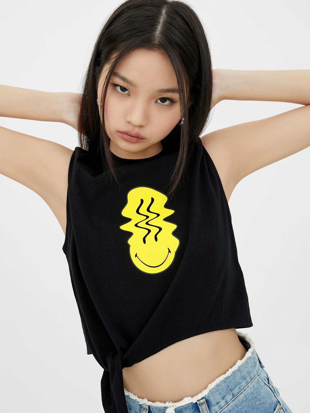 Smiley® Graphic Waist Tie Crop Top - Black
