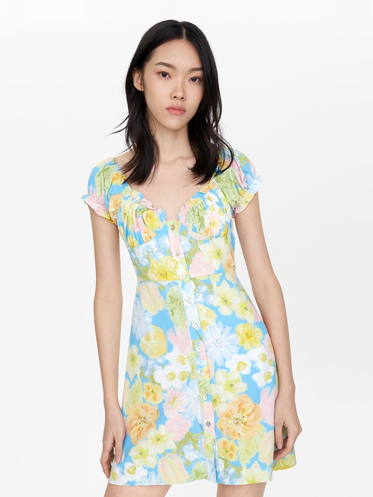 Floral Puffed Sleeves Button Down Dress - Blue