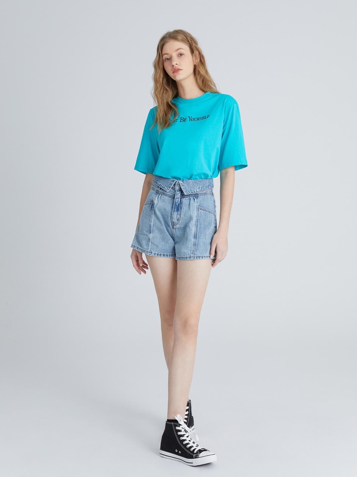 Collared Denim Shorts - Cyan Blue
