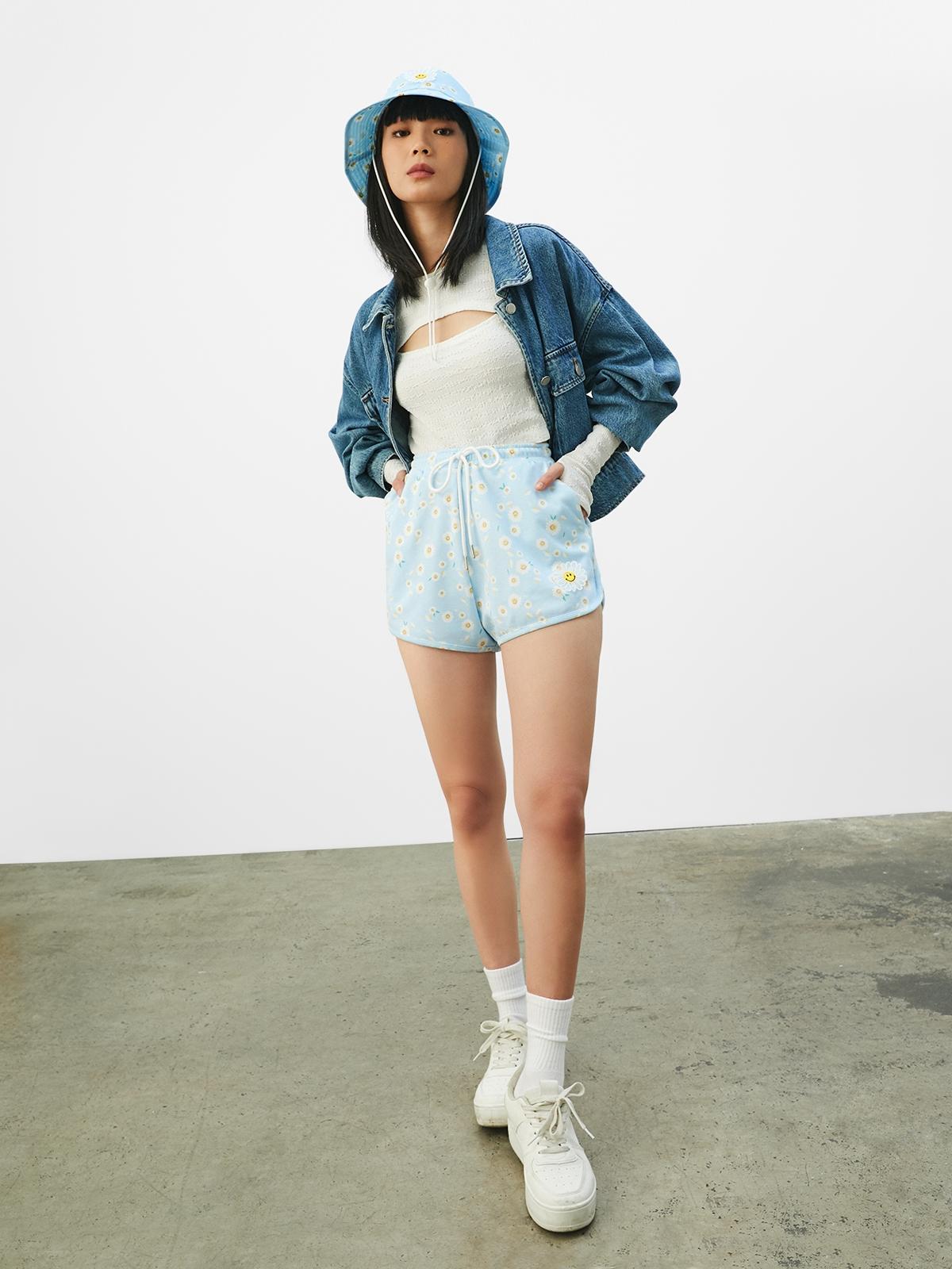 Pomelo x Smiley® Sustainable Floral Drawstring Shorts - Blue