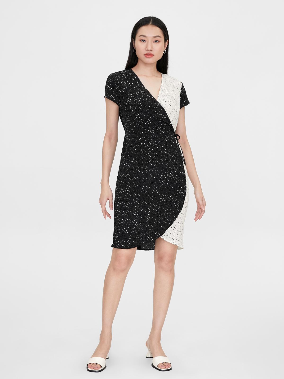 Two Tone Wrapped Spot Dress - White