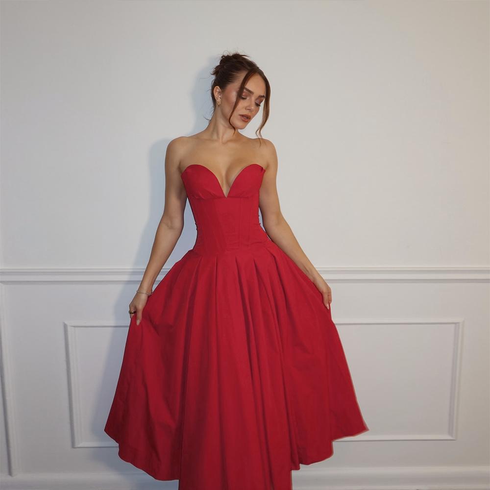Black Strapless Corset Midi Dress for Weddings and Parties