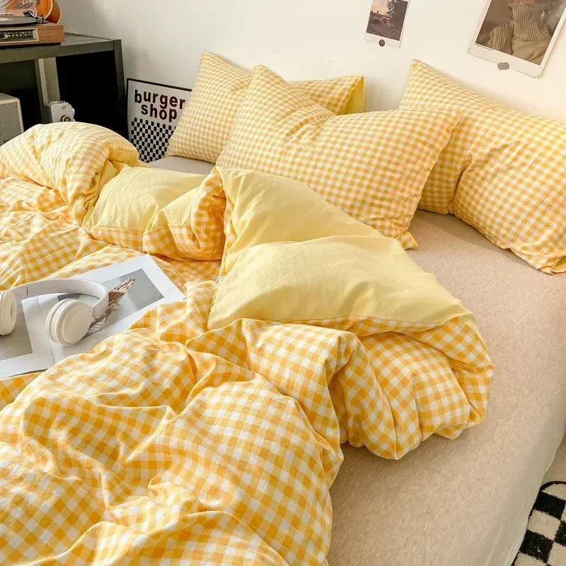 Japanese Style Check Queen Quilt Cover Set 1/3 Pcs Soft Washed Duvet Cover and Pillowcase or Only Duvet Covers Skin-friendly