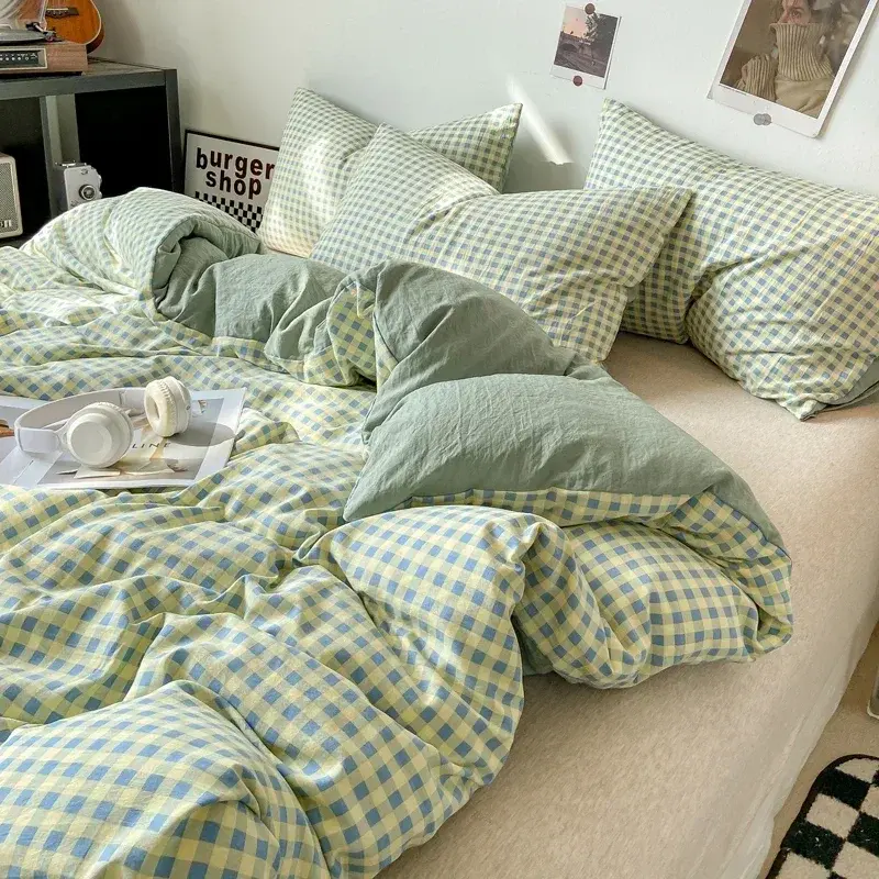 Japanese Style Check Queen Quilt Cover Set 1/3 Pcs Soft Washed Duvet Cover and Pillowcase or Only Duvet Covers Skin-friendly