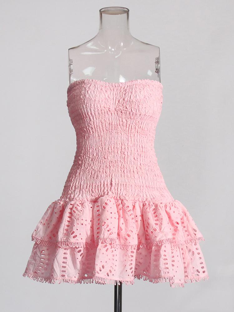 Patchwork Folds Strapless Casual Dress High-Waist Butterfly Sleeve Slim Style