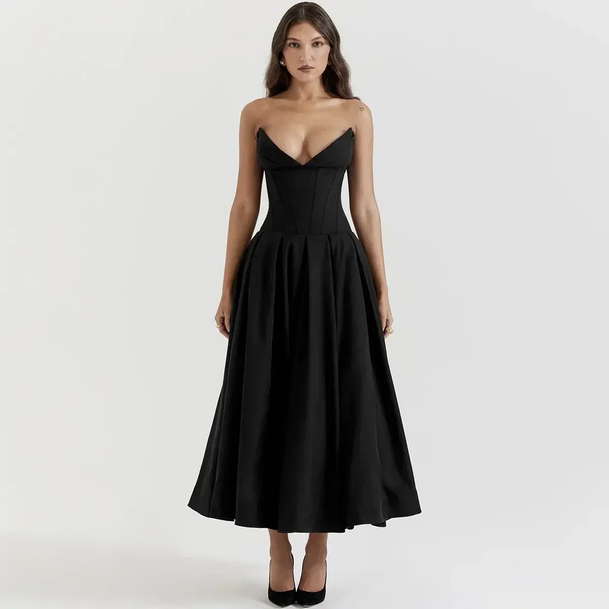 Black Strapless Corset Midi Dress for Weddings and Parties