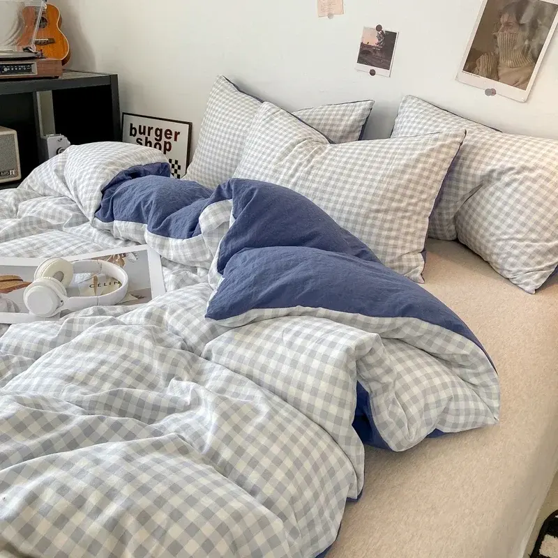 Japanese Style Check Queen Quilt Cover Set 1/3 Pcs Soft Washed Duvet Cover and Pillowcase or Only Duvet Covers Skin-friendly