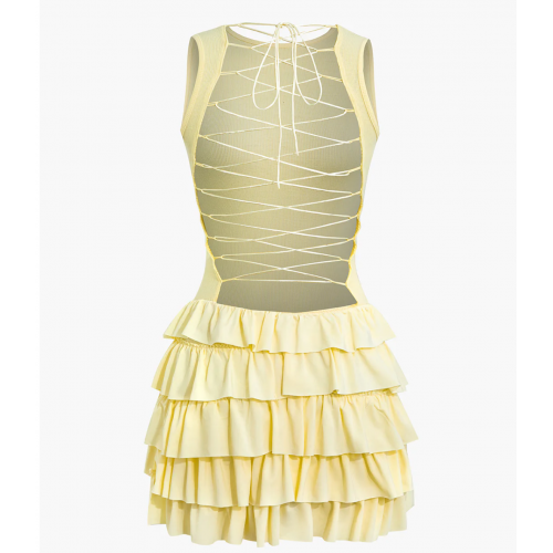 Lace Up Back Sleeveless Ruffle Hem Mini Dress 