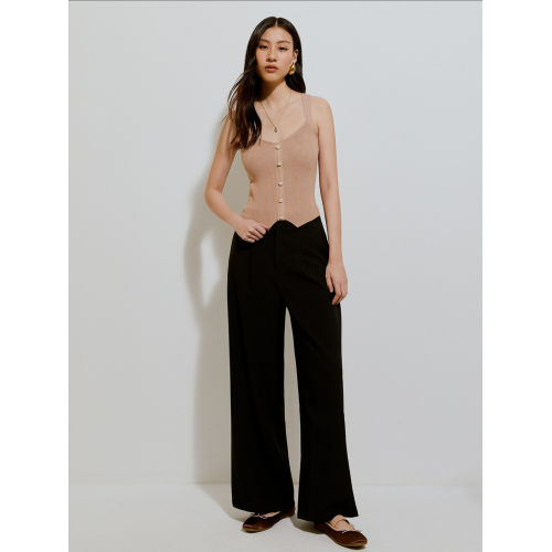 Pearl Button Detail Knitted Cami Top - Beige