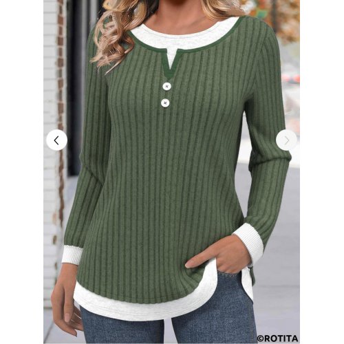 Button Olive Green Round Neck Long Sleeve T Shirt 