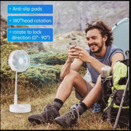 Portable Low Noise Standing Fan Foldable Floor Fan Support 4 Wind Speed Timer 180? Rotate with 7200mAh Rechargeable Battery