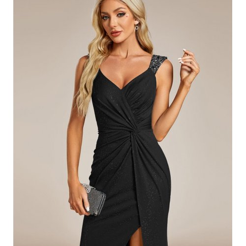 Elegant Sequin V Neck High Slit Evening Dress