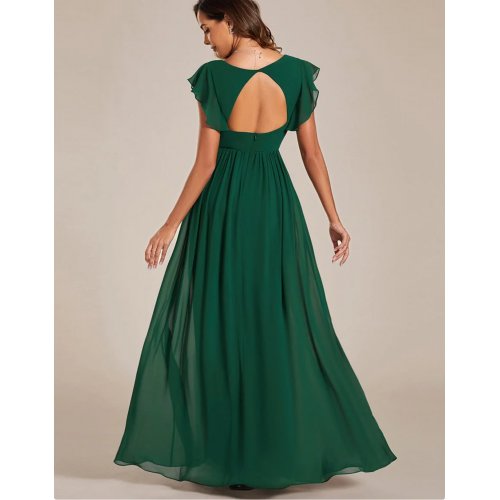 Elegant V-Neck Open Back Chiffon Bridesmaid Dress with Ruffled Sleeves