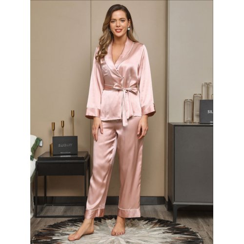 19Momme Contrast Trim Belted Lapel Silk Pyjama Set 