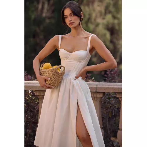  Spaghetti Strap Corset Lace Up Pocket Slit Midi Dresses-White