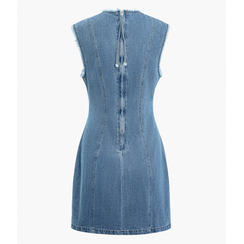 Fray Trim Zipper Round Neck Sleeveless Denim Mini Dress