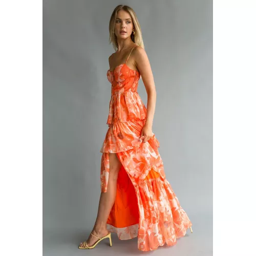  Floral Print Tiered Ruffle Wedding Guest <span style='filter: blur(2.5px);'>****</span> Slip Dresses-Orange 