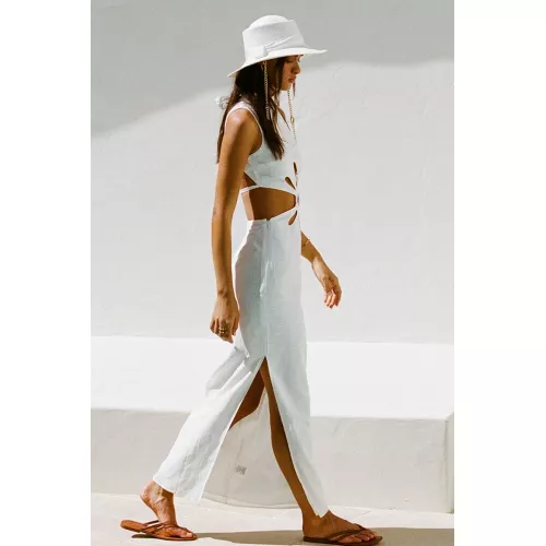 White Cutout Hollow Out Tied Up Sleeveless High Neck Slit Slim <span style='filter: blur(2.5px);'>****</span> Dresses