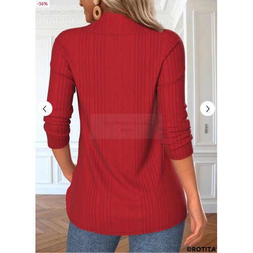 Button Red V Neck Long Sleeve T Shirt 