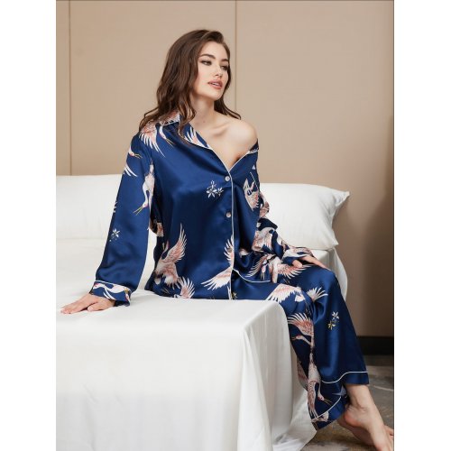 19Momme Pure Silk Printed Classic Binding Trim Womens Pyjama Set