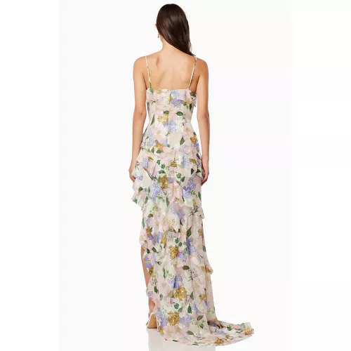 Floral Print Ruffled V Neck High Slit Tiered <span style='filter: blur(2.5px);'>****</span> Dresses-Pink