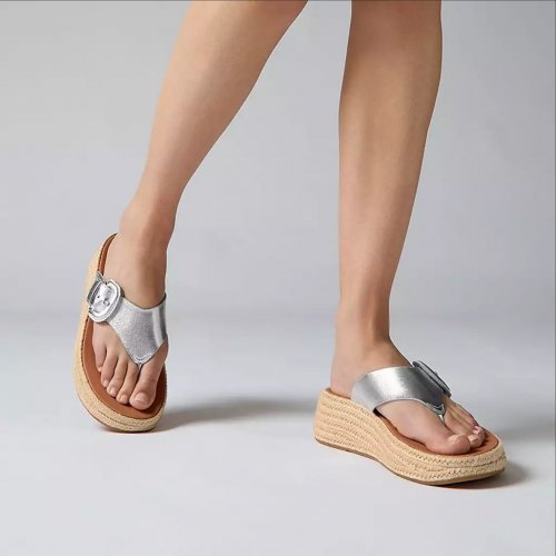 Espadrille Buckle Metallic-Leather Flatform Toe-Post Sandals