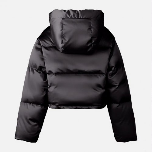Down jacket in satin with hood Black