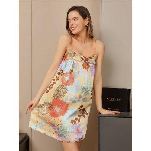 Clearance(UK Warehouse) -Pure Silk Floral Pattern Cute Spaghetti Strap Nightdress 