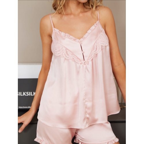 Pure Silk Cute Spaghetti Strap Lace Trimmed Camisole Set 2Pcs 