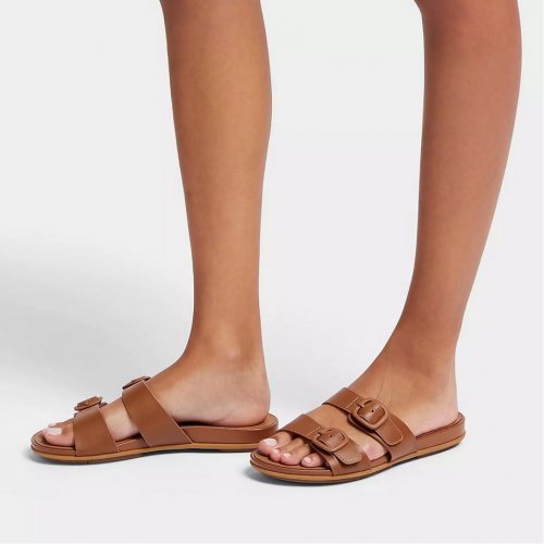 Buckle Two-Bar Leather Slides