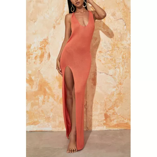 Tie Halter Backless Slit Crochet Knit Midi Dress 