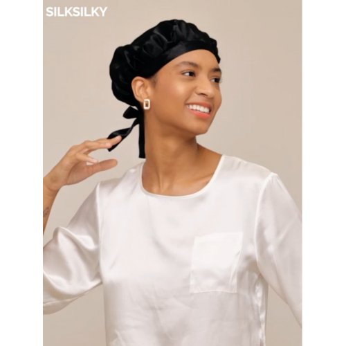  Pure Silk Classic Sleep Cap with Ribbons -  Black