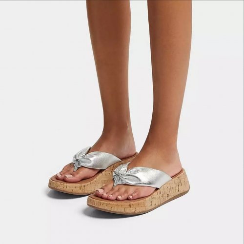 Metallic Leather-Twist Flatform Toe-Post Sandals (Cork Wrap)
