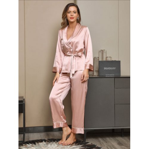 19Momme Contrast Trim Belted Lapel Silk Pyjama Set 