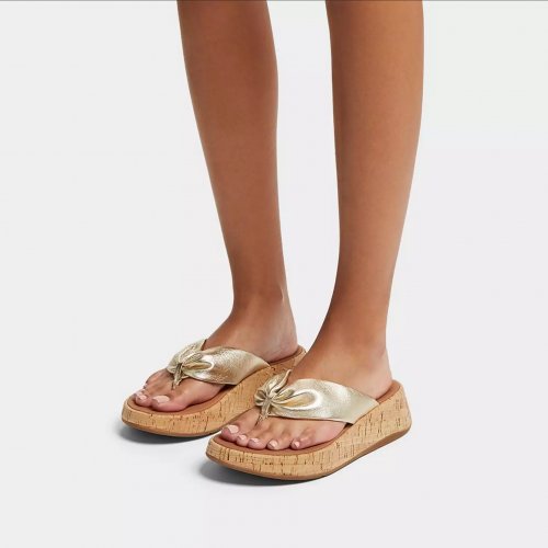 Metallic Leather-Twist Flatform Toe-Post Sandals (Cork Wrap)