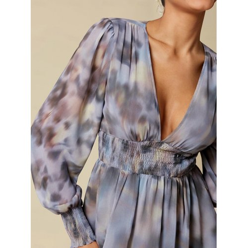 Floral V Neck Long Sleeve <span style='filter: blur(2.5px);'>****</span> Dress