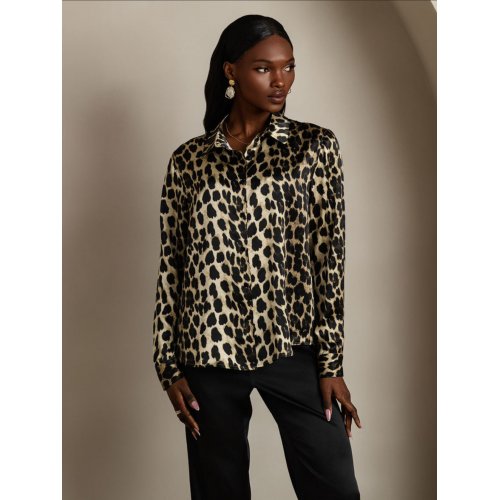 19Momme Silk Leopard Printed Basic Military Lapel Shirt 