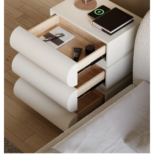 Humply Modern White Leather Smart Nightstand with Wireless Charger Drawers Bedside Table