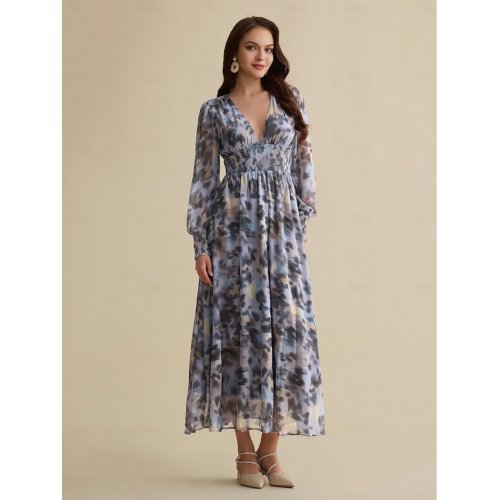 Floral V Neck Long Sleeve <span style='filter: blur(2.5px);'>****</span> Dress