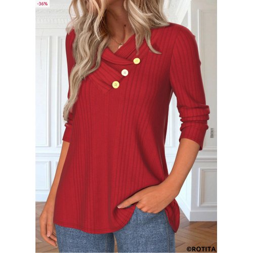 Button Red V Neck Long Sleeve T Shirt 