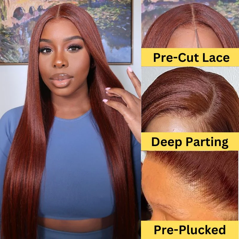 Sunber Reddish Brown Yaki Straight 7x5 Bye Bye Knots Pre-Cut Lace Wig Pre-Plucked Hairline