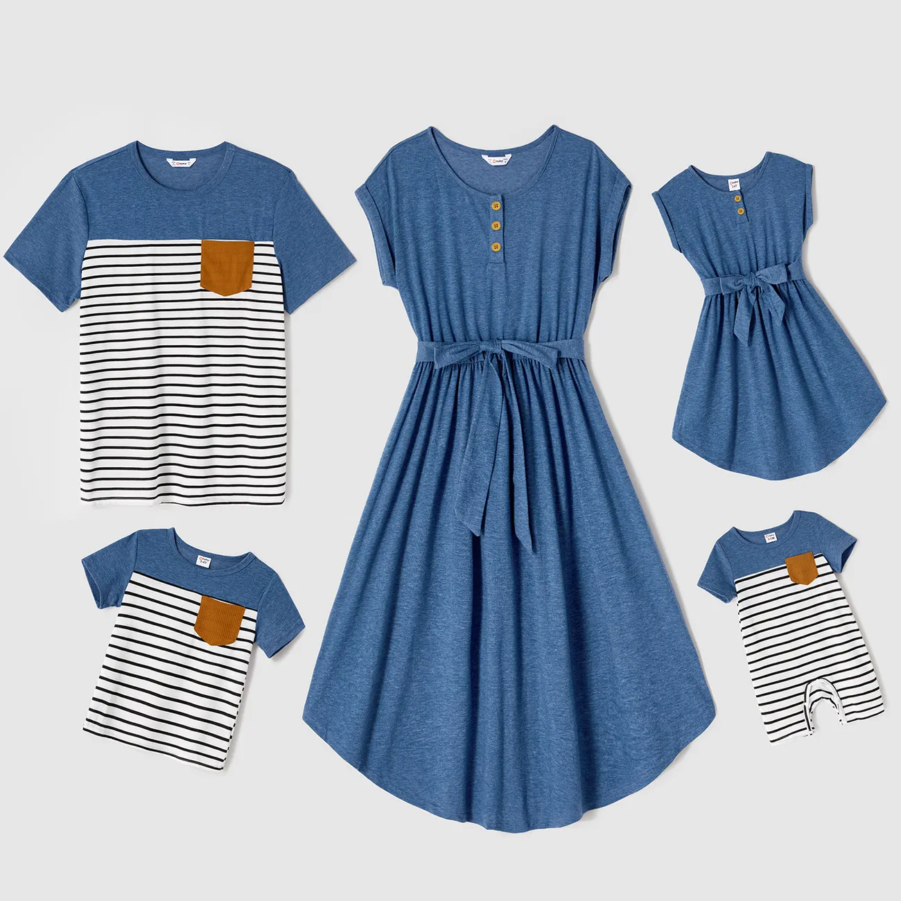 Family Matching Blue Cap-sleeve Belted Midi Dresses and Short-sleeve Striped Spliced T-shirts Sets