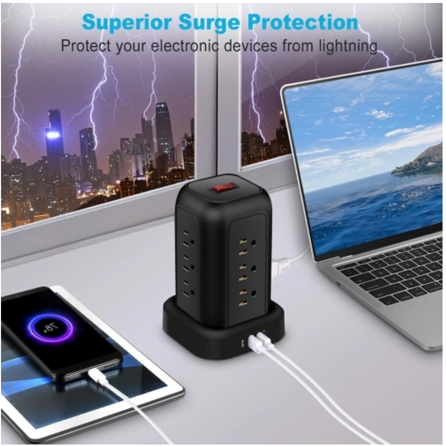 T12 Tower Plug Power Strip: 12 Outlets, 3 USB Ports, 1 Type-C Port, Superior Surge Protection, and Space-Saving Design