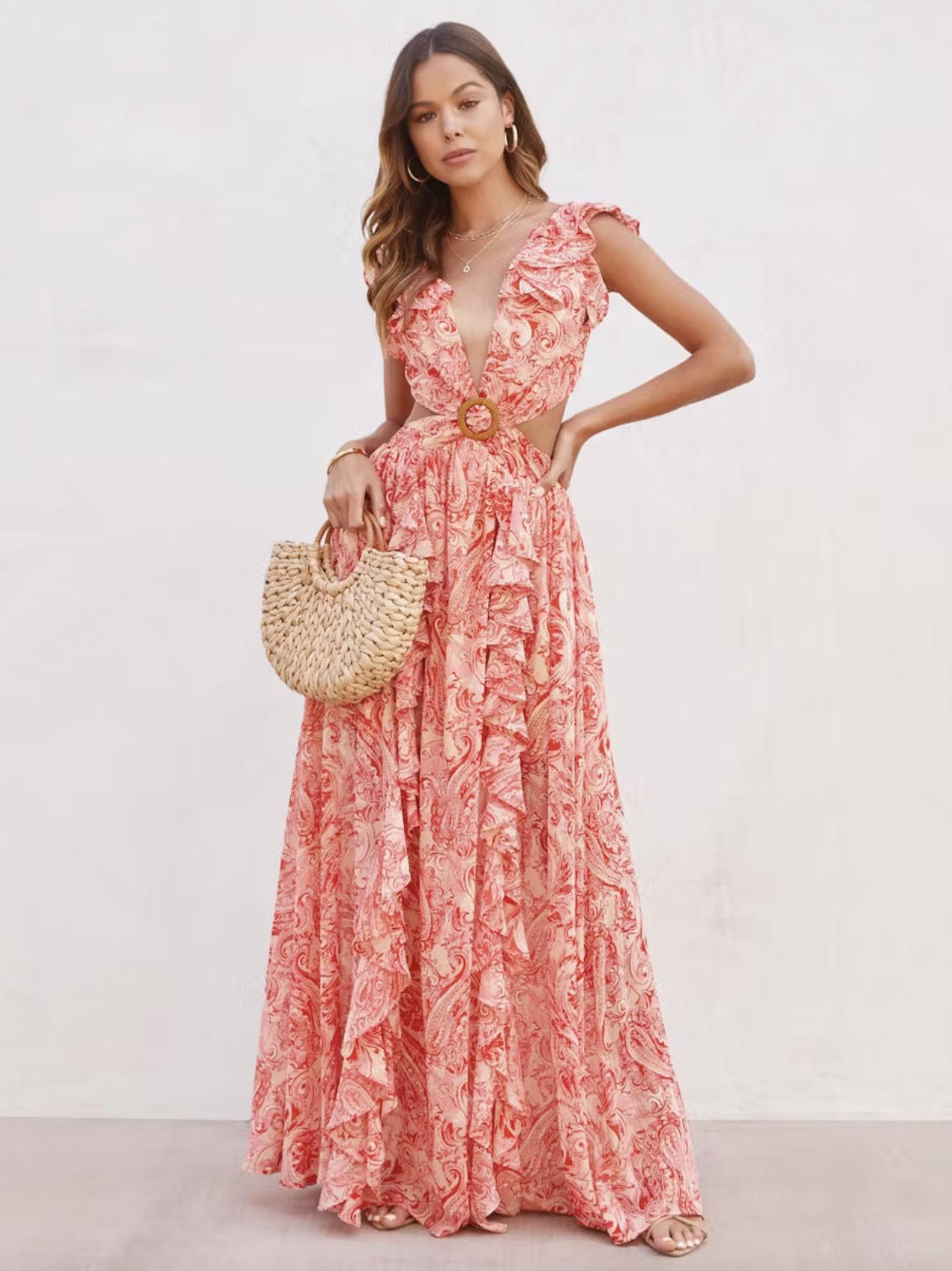 Floral <span style='filter: blur(2.5px);'>****</span> Dresses Layered Ruffles V-Neck Sleeveless Backless Front Slit Sexy Summer Long Dresses