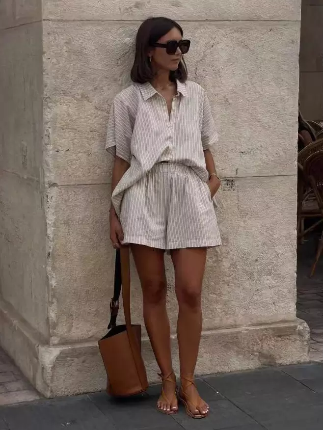 Pant Set Gray Chic Stripes Street Wear Cotton