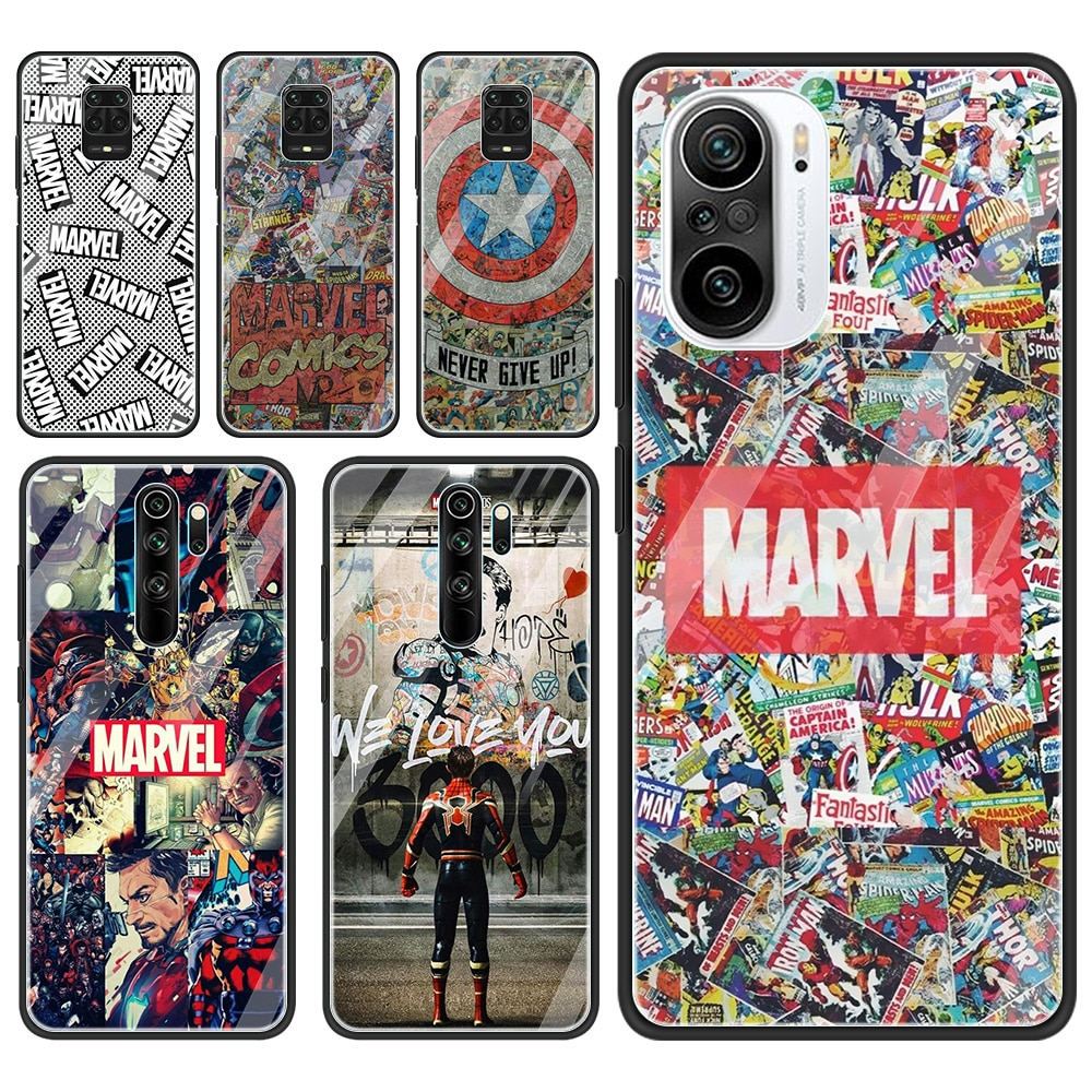 Tempered Glass Case For Xiaomi Redmi Note 7 8 9 10 pro Max 8T 9T 9S 10S for redmi K40 K30 Pro 9C 9A 8T Phone Fundas Marvel Logo